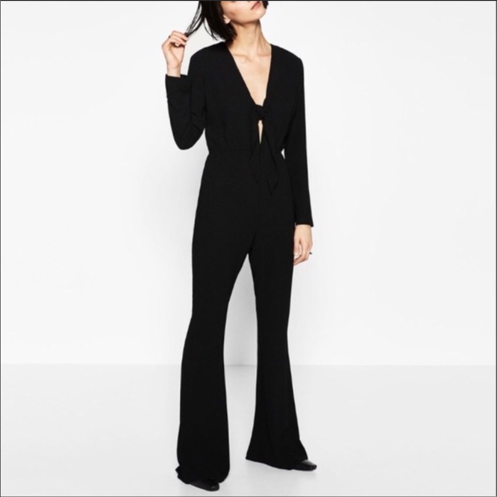 Zara Plunging Neckline Jumpsuit Black - Picture 1 of 6